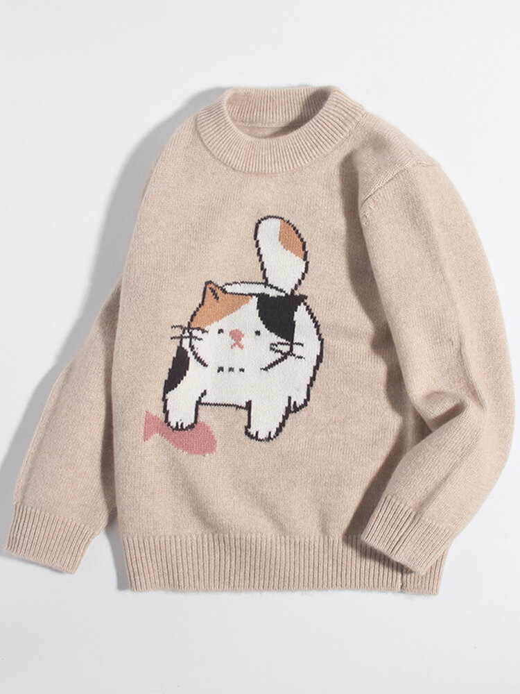 (image for) Kids Funny Cartoon Cat and Fish Beige Cashmere Crewneck Sweater